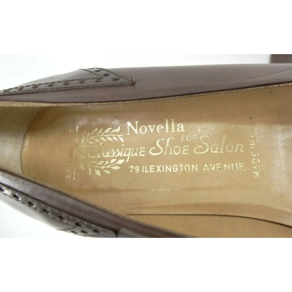 Novella for Classique Shoe Salon Brown Leather Wingtip Block Heel‎ Shoes SZ 39.5